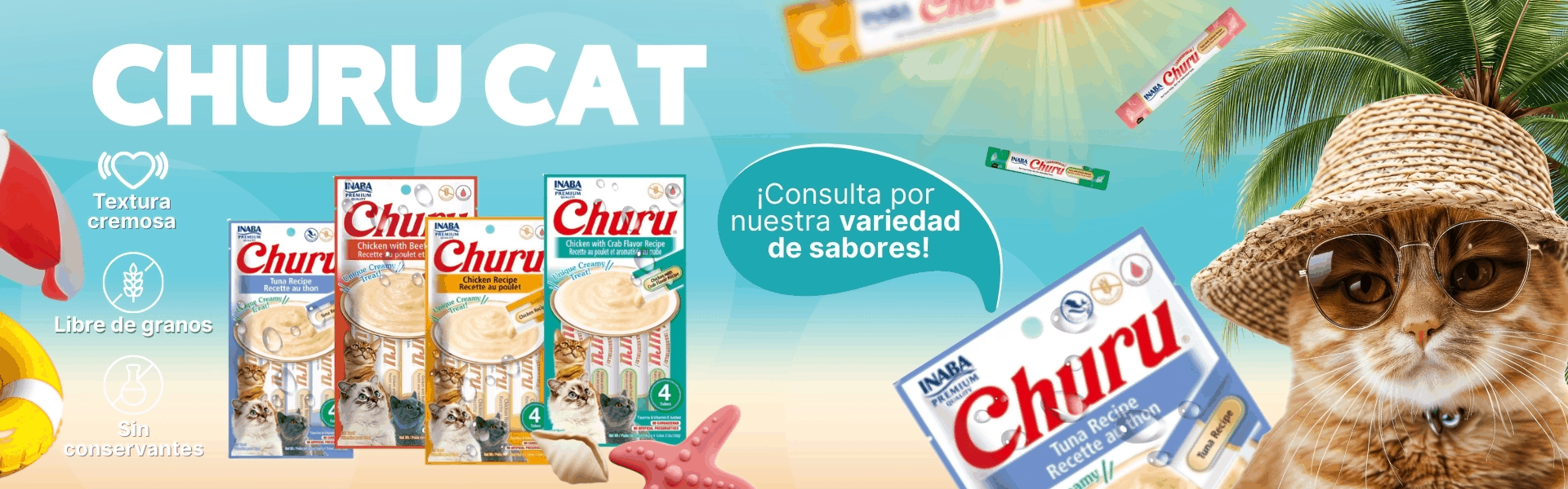 Variedad de snacks Churu Cat para gatos en presentación cremosa y libre de granos, disponible en nuestra tienda de mascotas online con delivery.