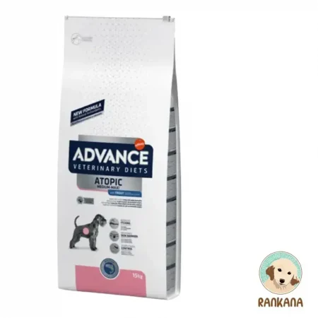 Bolsa de 12 kg de alimento Advance Veterinary Diets Atopic con conejo para perros con dermatitis atópica, incluye sello de Rankana.