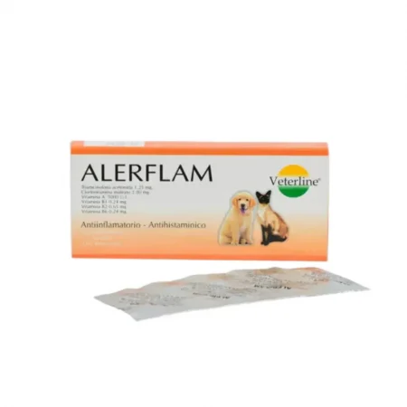 Caja de Alerflam 40 Tabletas de Veterline, antiinflamatorio y antihistamínico para el tratamiento de dermatitis y picazón en perros y gatos.
