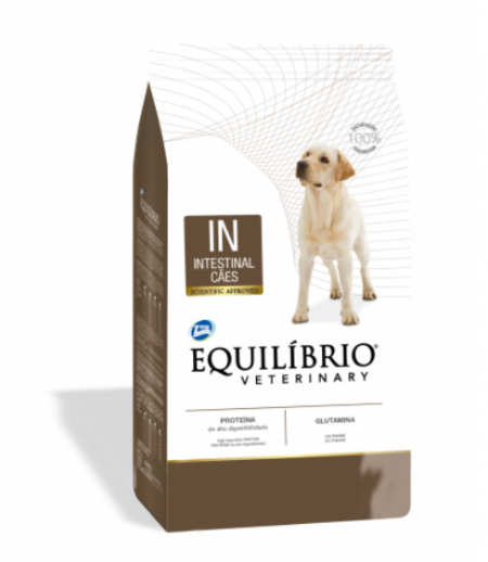 Saco de alimento medicado Equilibrio Veterinary Intestinal para perros de 2 kg, con L-glutamina y proteína de alta digestibilidad, para salud digestiva, disponible en Perú.