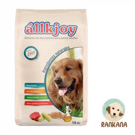 Saco de 15 kg de alimento Allkjoy para perros adultos de todas las razas, fórmula con ingredientes naturales y 26% de proteína en Perú.