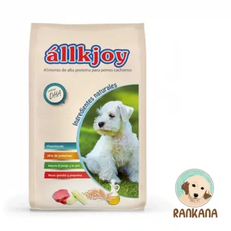 Saco de 15 kg de alimento Allkjoy para perros cachorros de todas las razas, fórmula con DHA e ingredientes naturales para crecimiento en Perú.