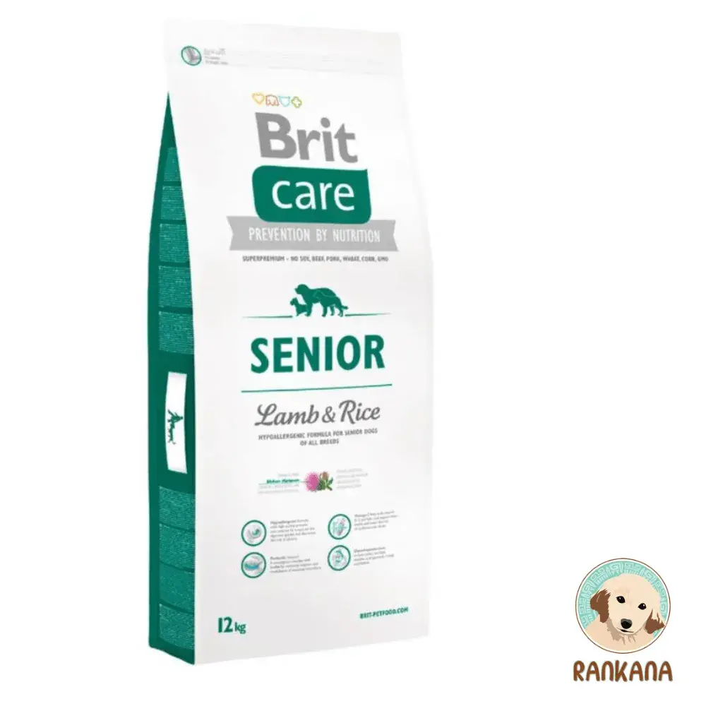 Brit Care Senior Cordero y Arroz 12kg Saco de 12 kg de Brit Care Senior, alimento hipoalergénico con cordero y arroz para perros mayores de todas las razas en Perú, con logo de Rankana.