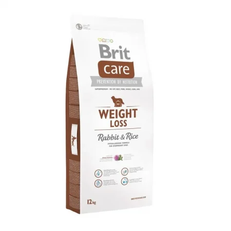 Saco de 12 kg de Brit Care Weight Loss, alimento hipoalergénico con conejo y arroz para perros con sobrepeso en Perú.