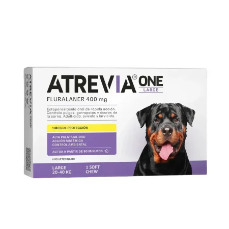 Caja frontal del antipulgas Atrevia ONE Large para perros de 20 a 40 kg, presentación de 1 tableta masticable.