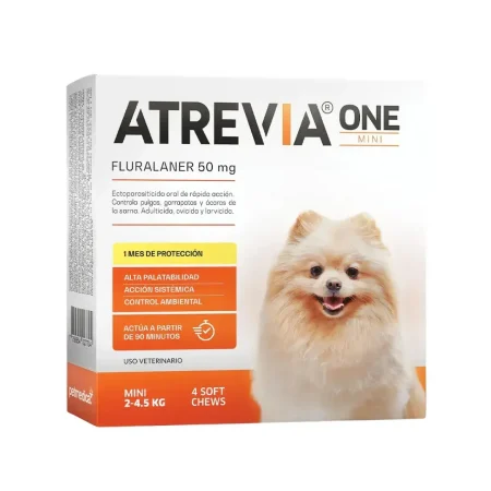 Caja de Atrevia ONE Mini para perros de 2 a 4.5 kg, presentación de 4 tabletas masticables contra pulgas y garrapatas.
