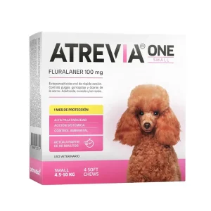 Empaque de Atrevia ONE Small para perros de 4.5 a 10 kg, caja de 4 tabletas masticables antipulgas y garrapatas.