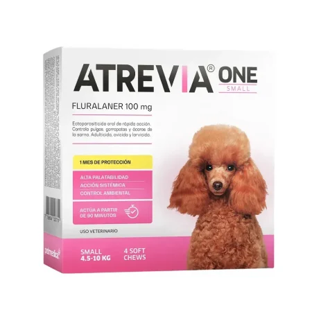 Empaque de Atrevia ONE Small para perros de 4.5 a 10 kg, caja de 4 tabletas masticables antipulgas y garrapatas.