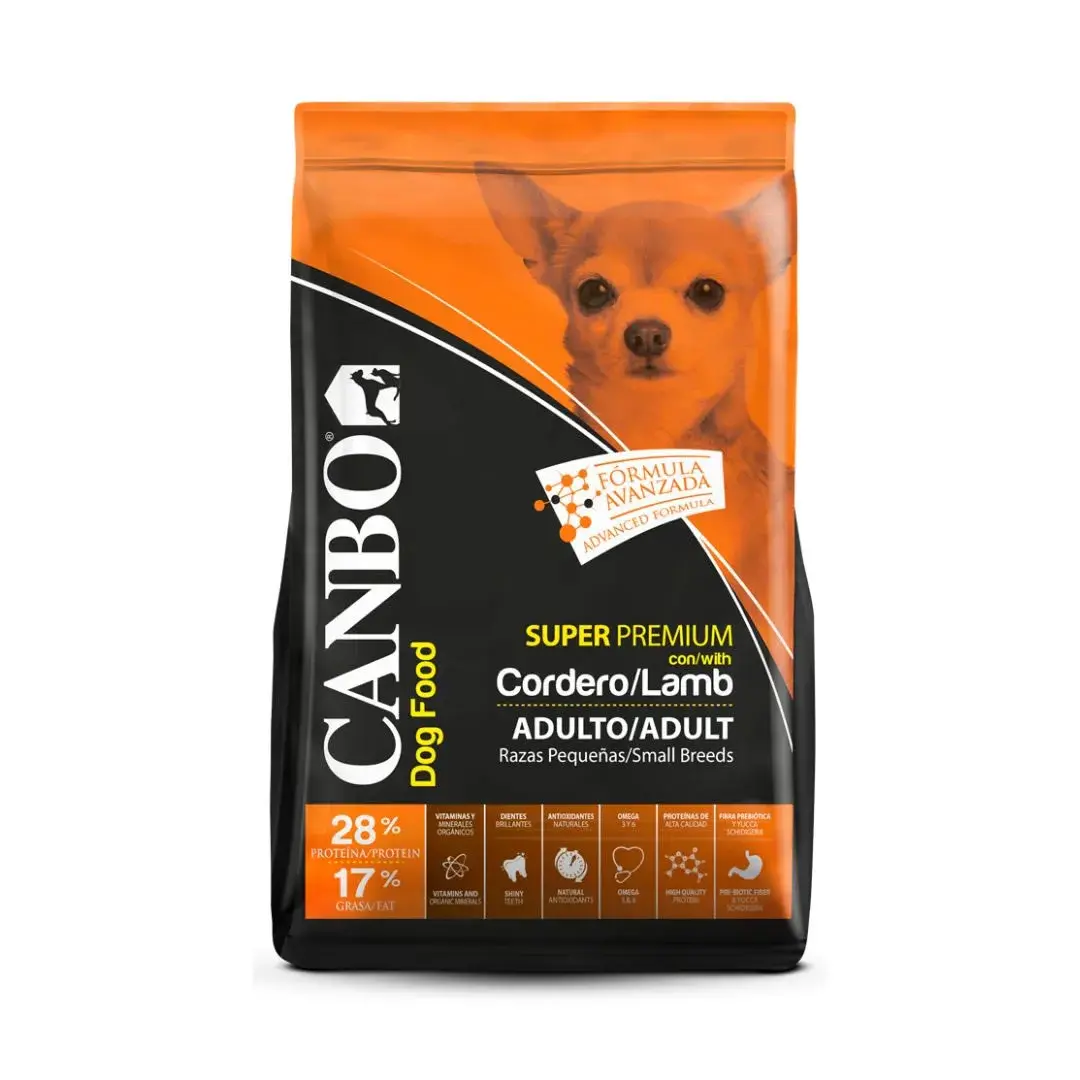 Canbo Adulto Raza Pequeña - Cordero x 7 kg Saco de 7 kg de alimento Canbo Adulto para perros de raza pequeña, sabor cordero, nutrición superpremium en Perú con logo de Rankana.