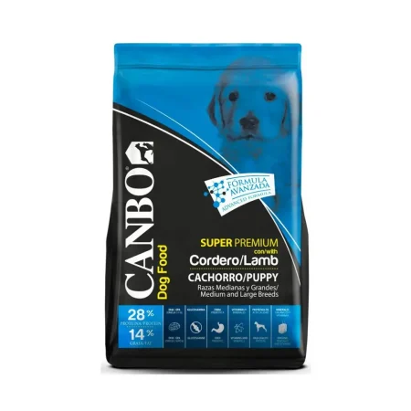 Saco de 15 kg de alimento Canbo Puppy para cachorros de raza mediana y grande, sabor cordero, nutrición superpremium en Perú.