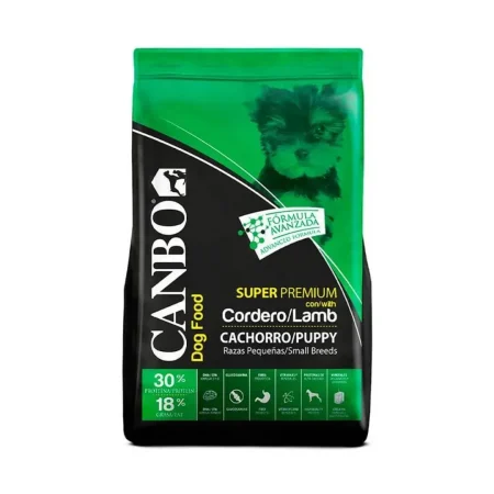 Saco de 7 kg de alimento Canbo Puppy para cachorros de raza pequeña, sabor cordero, nutrición superpremium en Perú con logo de Rankana.