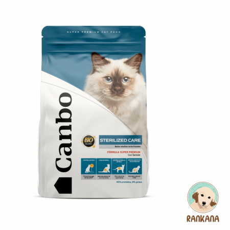 Saco de 3 kg de alimento Canbo Gato Sterilized Care para gatos adultos castrados, sabor pollo y salmón, control de peso en Perú.