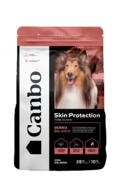 Saco de 15 kg de alimento Canbo Skin Protection para perros de todas las razas, sabor salmón, nutrición derma balance en Perú.