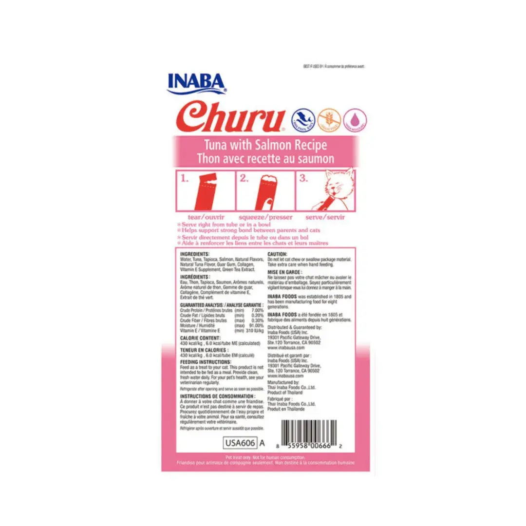 Ingredientes y Análisis Garantizado - Churu Atún con Salmón Información nutricional, análisis garantizado e ingredientes del snack para gatos Churu Atún con Salmón.