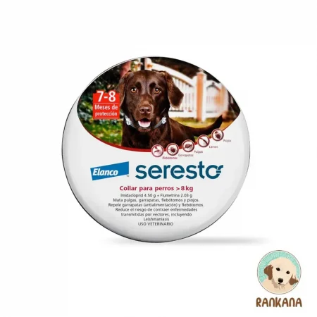 Caja metálica redonda del collar antipulgas Seresto para perros de más de 8 kg. Muestra una foto de un perro Labrador chocolate, el texto '7-8 Meses de protección', iconos de parásitos y lista de beneficios como 'Mata pulgas, garrapatas, flebótomos y piojos'.