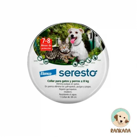 Caja metálica redonda del collar antipulgas Seresto (Elanco) para gatos y perros de menos de 8 kg. Muestra una foto de un gato y un perro, el texto '7-8 Meses de protección', iconos de parásitos y una lista de beneficios como 'Elimina pulgas y garrapatas' y 'Resistente al agua'.