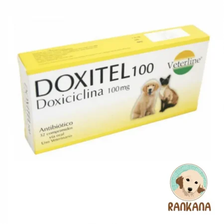 Caja de Doxitel 100 mg con 32 comprimidos, antibiótico oral a base de Doxiciclina para caninos y felinos de la marca Veterline, junto al logo de Rankana.