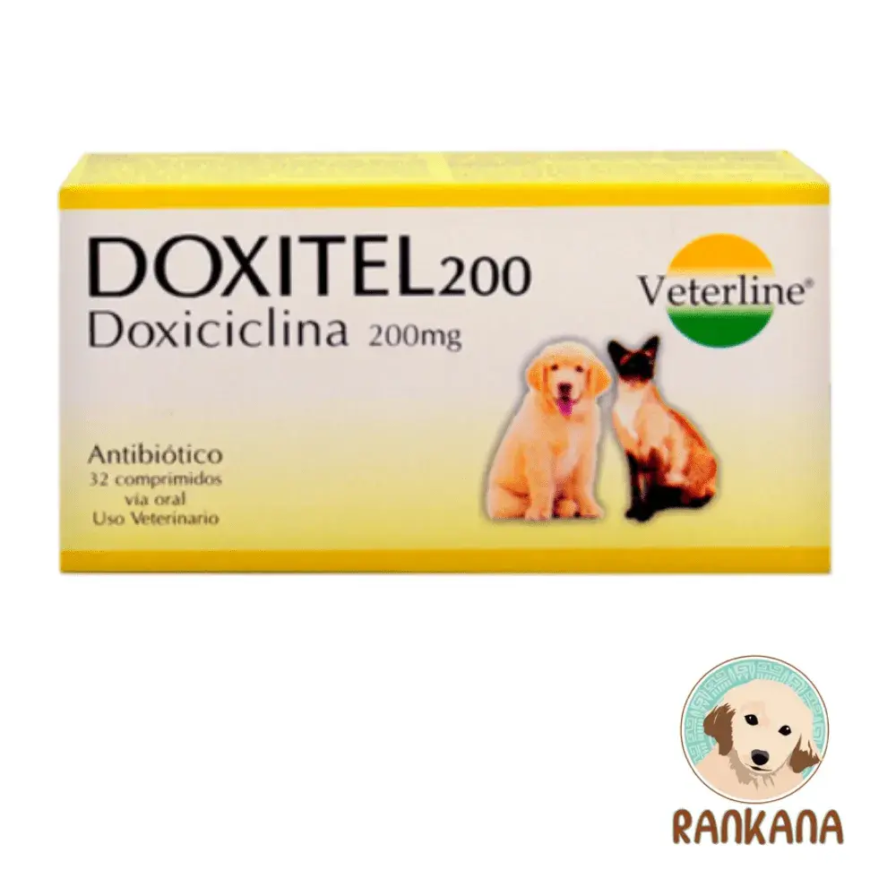 Doxitel 200 mg: Antibiótico Oral Potente para Mascotas Caja de Doxitel 200 mg con 32 comprimidos, antibiótico oral de alta concentración a base de Doxiciclina para caninos y felinos de la marca Veterline, junto al logo de Rankana.