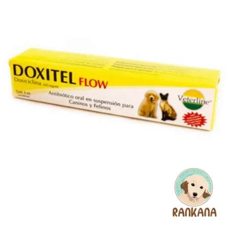Caja de Doxitel Flow x 20 ml, antibiótico oral en suspensión a base de Doxiciclina para perros y gatos, mostrado junto al logo de Rankana.