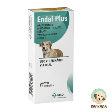 Caja blanca del antiparasitario oral Endal Plus para perros, mostrando la imagen de un perro marrón y la marca MSD. Contiene 4 comprimidos de amplio espectro.