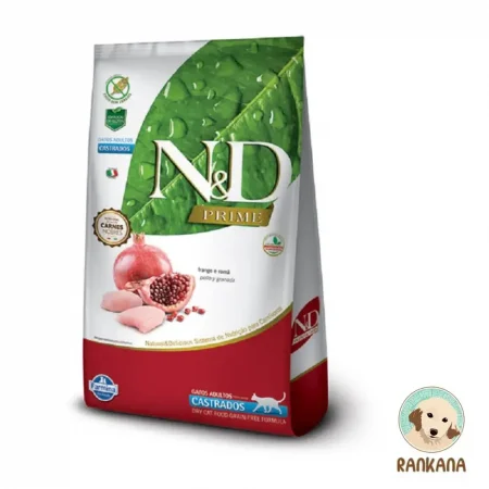 Bolsa de alimento Farmina N&D Prime para gatos adultos castrados sabor pollo y granada. El empaque destaca la franja dorada PRIME, una hoja verde con gotas de agua y trozos de pollo fresco con granada. Incluye el logo de Rankana en la esquina inferior derecha. Producto Grain-Free.