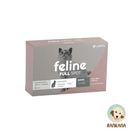 Caja de antiparasitario Feline Full Spot del laboratorio Labyes para gatos pequeños de 1 a 2 kg. Envase color palo rosa y gris con la fotografía de un gato mirando hacia arriba. Indica que es una pipeta spot-on de 0.40 ml de uso veterinario que actúa contra nematodos, cestodes y pulgas. Incluye el logotipo del pet shop Rankana en la esquina inferior derecha.
