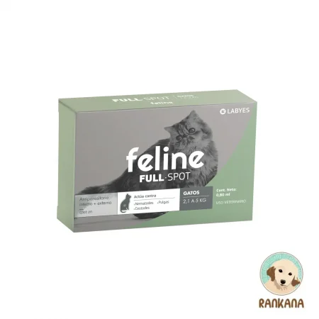 Caja de antiparasitario Feline Full Spot del laboratorio Labyes para gatos de 2.1 a 5 kg. Envase verde y gris con la imagen de un gato de pelo largo. Indica que es una pipeta spot-on que actúa contra nematodos, cestodes y pulgas. Contenido neto 0.80 ml.