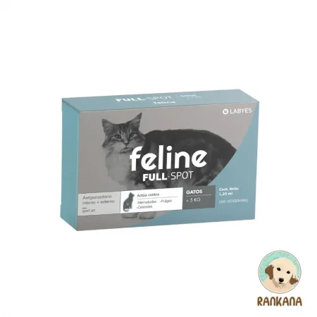 Caja de antiparasitario Feline Full Spot del laboratorio Labyes para gatos de más de 5 kg. Envase celeste y gris con la fotografía de un gato de pelaje abundante. Indica que es una pipeta spot-on de 1.20 ml de uso veterinario que actúa contra nematodos, cestodes y pulgas. Incluye el logotipo del pet shop Rankana en la esquina inferior derecha.