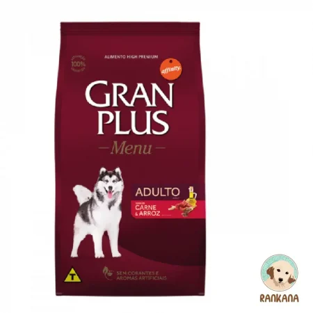 Saco de comida Gran Plus Adulto Menu para perros de razas medianas y grandes, sabor carne y arroz, alimento High Premium sin colorantes artificiales, 15 kg.