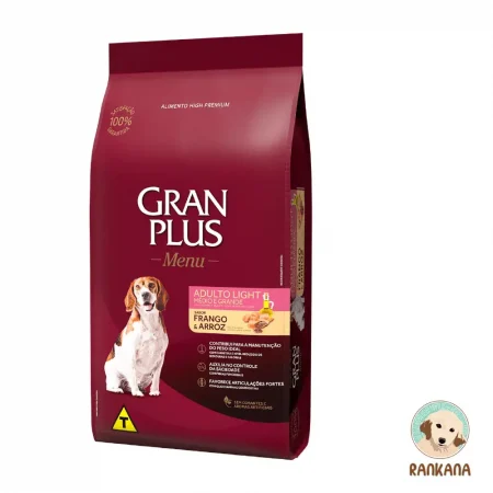 Saco de alimento para perros Gran Plus Adulto Light Pollo y Arroz para perros medianos y grandes, 15 kg. Ayuda al control del peso con L-carnitina y fibras.