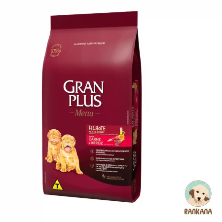 Saco de alimento Gran Plus Cachorro sabor Carne y Arroz para perros de raza mediana y grande, 15 kg. Favorece el crecimiento saludable y el desarrollo del sistema nervioso.
