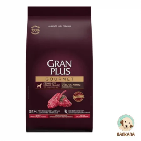 Saco de alimento Gran Plus Gourmet Adulto sabor Oveja y Arroz para perros de raza mediana y grande, 15 kg. Nutrición sin transgénicos ni colorantes artificiales.