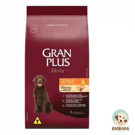 Saco de comida Gran Plus Sénior Menu sabor Frango & Arroz para perros ancianos de razas medianas y grandes, alimento High Premium, 15 kg.