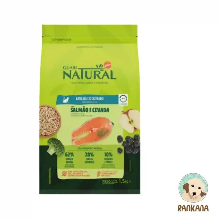 Empaque de alimento súper premium Guabi Natural para gato adulto castrado sabor salmón y cebada. La bolsa es de color verde claro y muestra ingredientes como trozos de salmón, granos de cebada, brócoli y manzana. En la parte inferior se indica 1.5 kg (imagen de referencia). Incluye el sello de Rankana en la esquina inferior derecha.