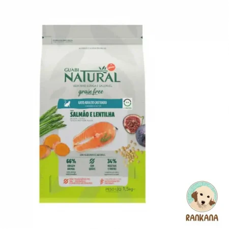 Bolsa de alimento seco de la marca "Guabi Natural" para "Gato Adulto Castrado", "Grain Free", sabor "Salmão e Lentilha". La bolsa mostrada en la imagen indica un peso de "1,5kg". Incluye el logotipo del pet shop Rankana en la esquina inferior derecha.