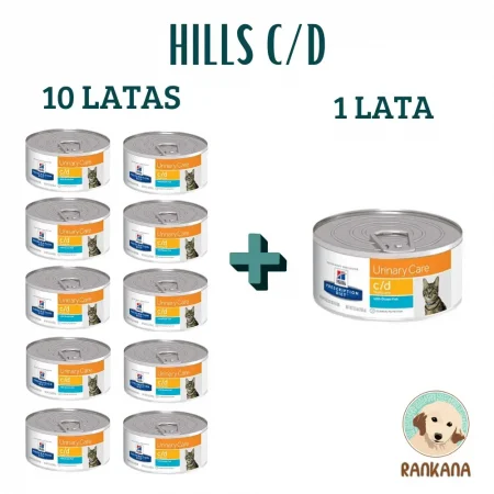 Vista de un paquete promocional de 11 latas de alimento húmedo Hills Prescription Diet C/D Multicare Urinary Care sabor Pescado de Océano para gatos (lata individual de 156 g). A la izquierda, un grupo de 10 latas. A la derecha, una lata individual más grande. Un signo más (+) las conecta. Texto '10 LATAS', '1 LATA' y 'HILLS C/D'. Logo de Rankana en la esquina inferior derecha.