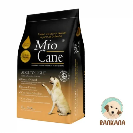 Bolsa de 15 kg de alimento Mio Cane Adulto Light Super Premium, fórmula para control de peso con carne y cereales selectos, incluye el logo de Rankana.