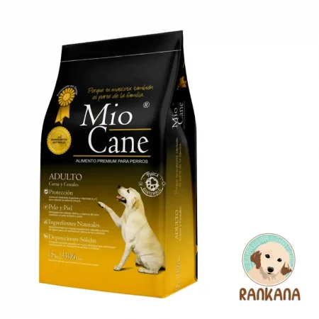 Bolsa de 15 kg de alimento Mio Cane Adulto Premium, fórmula con carne y cereales selectos para protección y deposiciones sólidas, incluye sello de Rankana.