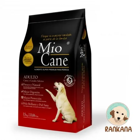 Bolsa de 15 kg de alimento Mio Cane Adulto Super Premium, fórmula con carne y cereales selectos, aceite de linaza y prebióticos, incluye sello de Rankana.