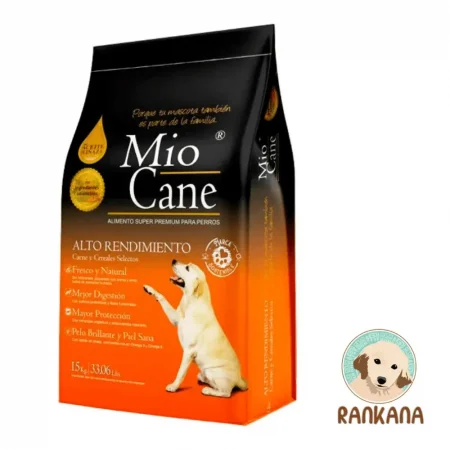 Bolsa de 15 kg de alimento Mio Cane Alto Rendimiento Super Premium, fórmula con carne y cereales selectos para perros activos, incluye sello de Rankana.