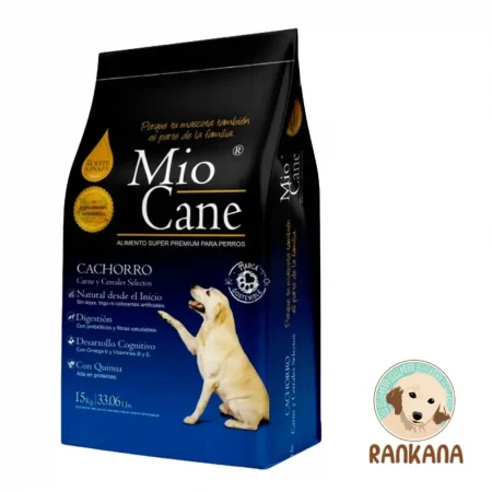 Bolsa de 15 kg de alimento Mio Cane Cachorro Super Premium, fórmula con carne, cereales selectos y quinua, incluye sello de Rankana.