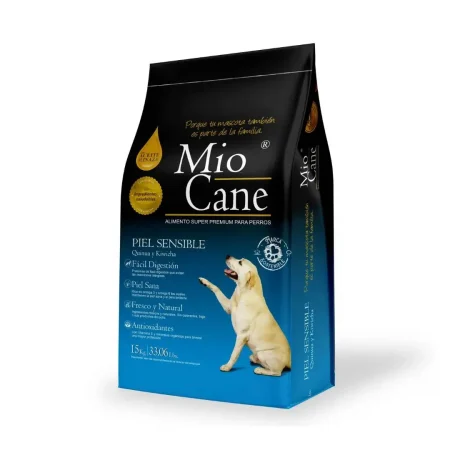 Bolsa de 15 kg de alimento Mio Cane Piel Sensible Super Premium, fórmula con quinua, kiwicha y proteína de huevo, incluye sello de Rankana.