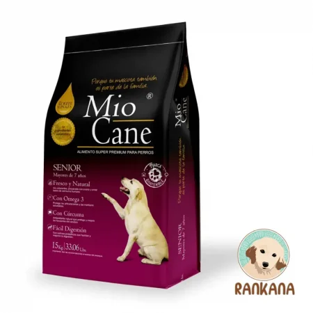 Bolsa de 15 kg de alimento Mio Cane Senior Super Premium para perros de 7 años a más, fórmula con cúrcuma y Omega 3, incluye sello de Rankana.