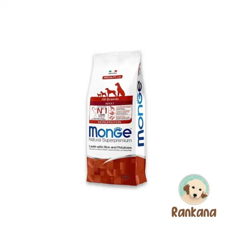 Bolsa de 12 kg de alimento Monge Natural Superpremium para perros adultos de todas las razas, fórmula monoproteica de cordero con arroz y papas, incluye sello de Rankana.