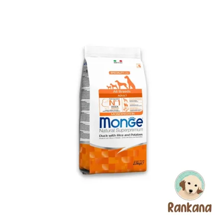 Bolsa de 2.5 kg de alimento Monge Natural Superpremium para perros adultos de todas las razas, fórmula monoproteica de pato con arroz y papas, incluye sello de Rankana.