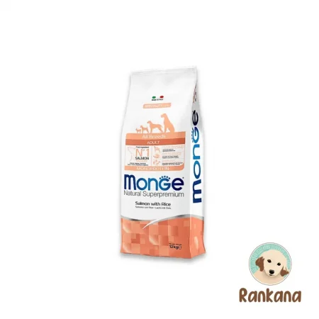 Bolsa de 12 kg de alimento Monge Natural Superpremium para perros adultos de todas las razas, fórmula monoproteica de salmón con arroz, incluye sello de Rankana.