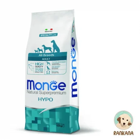 Bolsa de 12 kg de alimento Monge Natural Superpremium Adult Hypo para perros de todas las razas, fórmula con salmón y atún, incluye sello de Rankana.