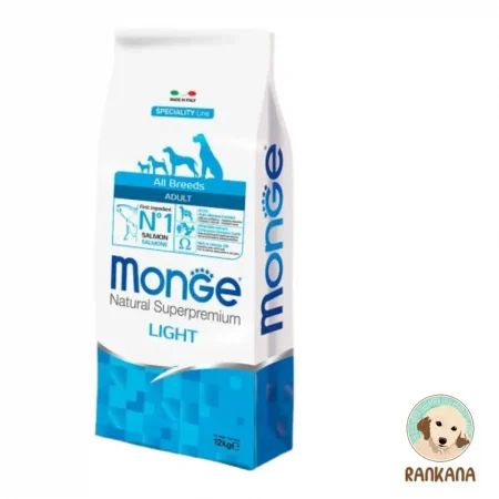 Bolsa de 12 kg de alimento Monge Natural Superpremium Adult Light para perros con sobrepeso, fórmula con salmón, incluye sello de Rankana.