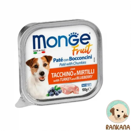 Tina de comida húmeda para perros Monge Fruit con sabor a pavo y arándanos, formato de 100 gramos. La etiqueta muestra la imagen de un perro Jack Russell, arándanos frescos y un trozo de carne de pavo, con el texto "MONGE Fruit" y "Paté with TURKEY and BLUEBERRY".