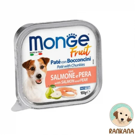 Tina de comida húmeda para perros Monge Fruit con sabor a salmón y pera, formato de 100 gramos. La etiqueta muestra la imagen de un perro Jack Russell, una pera y un corte de salmón fresco, con el texto "MONGE Fruit" y "Paté with SALMON and PEAR".